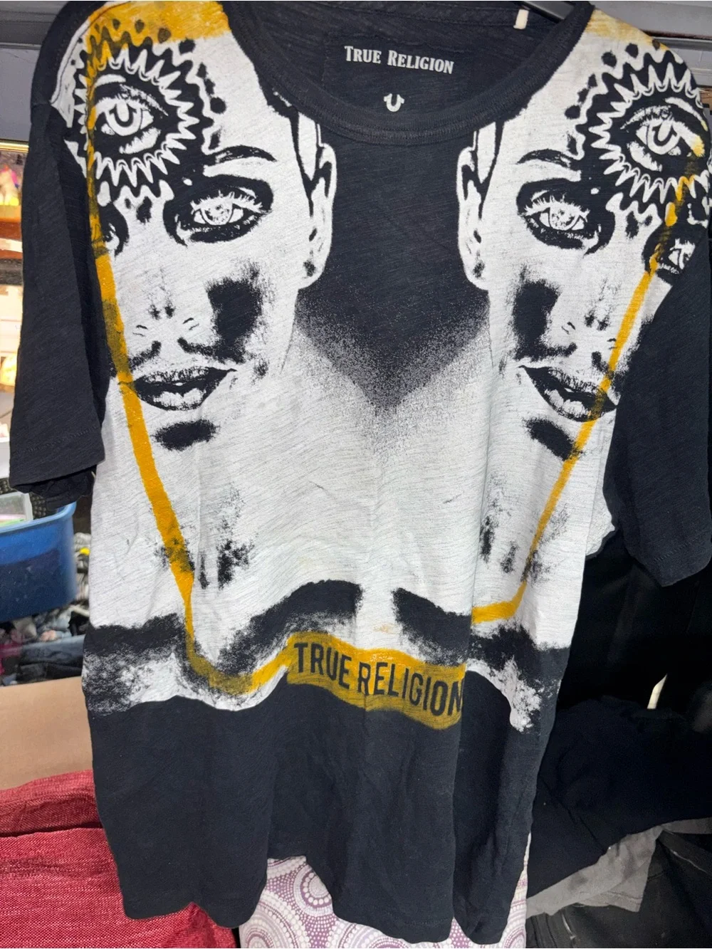 True Religion Black White Tee with Yellow Frame Graphic